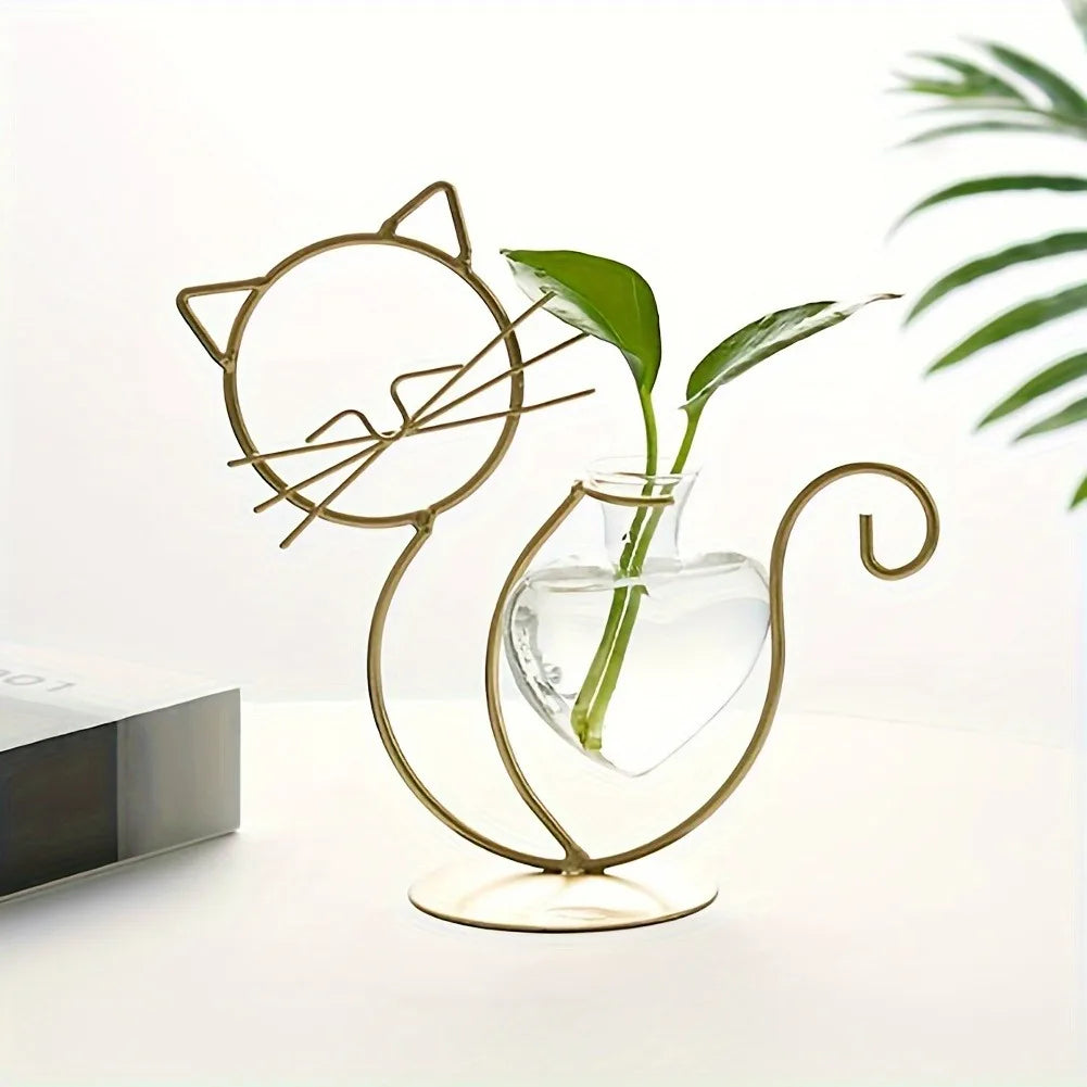 Simple Cat Iron Flower Machine Heart-Shaped Hydroponics Vase Creative Home Living Room Dining Table Decoration