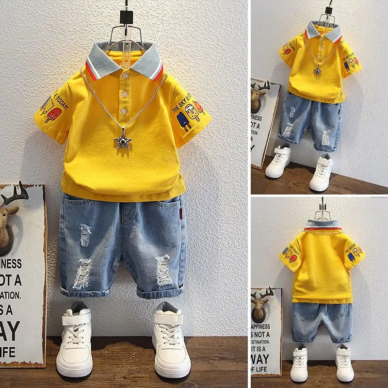 Boys  Summer Outfit T-Shirt and Jeans Korean Polo Fashion  Casual Clothing Korean Reviews Top Toddler Kids Clothes Sets