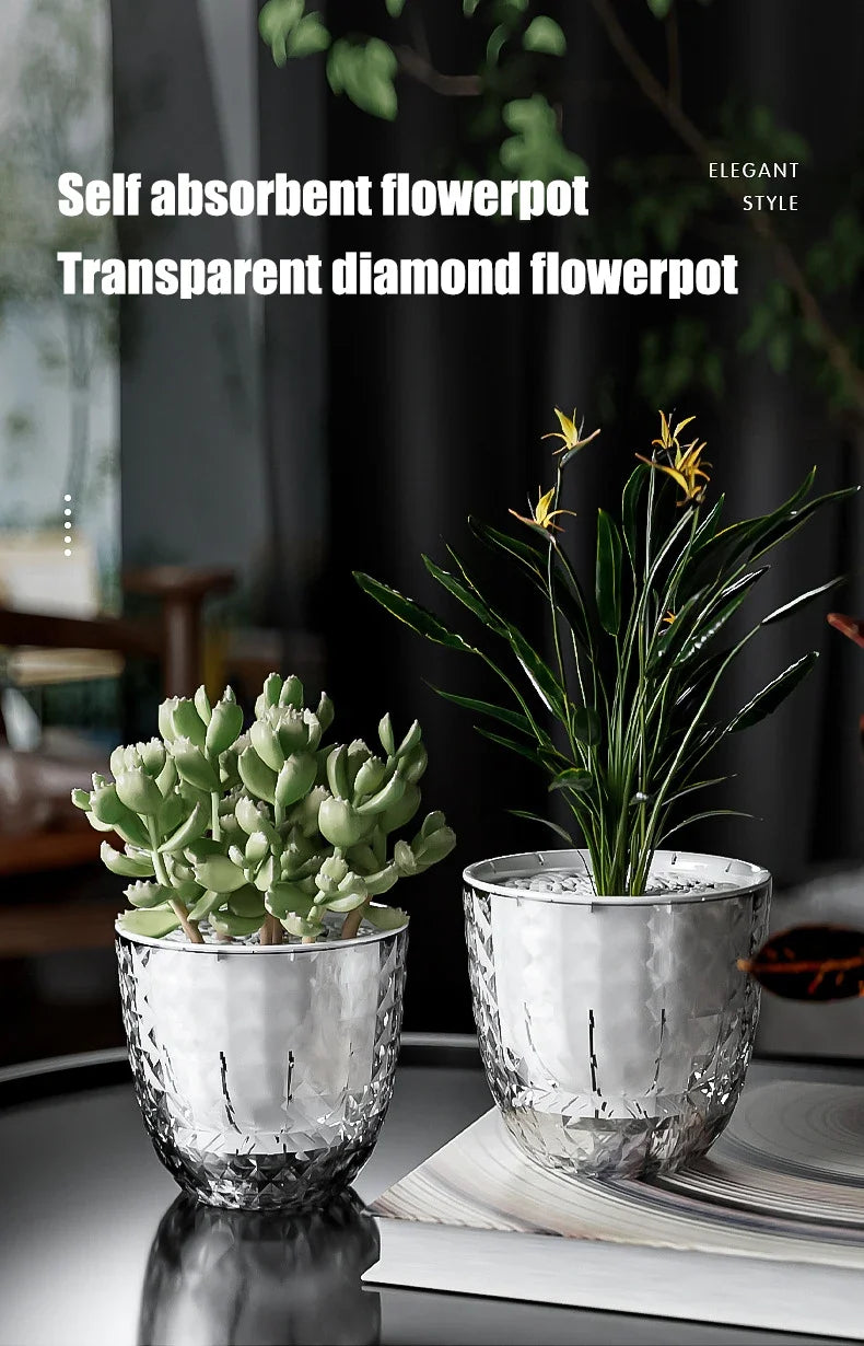Self Watering Flowerpot Automatic Water Absorbing Flowerpot Transparent Double Layer Plastic Succulent Plant Pot Decorative Pot