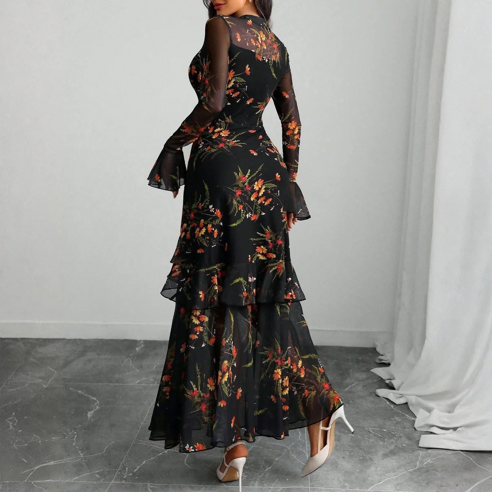 Women's Evening Gown Clothing Vintage Floral Print Maxi Dresses Spring Autumn Long Sheer Sleeve Ruffled Hem Elegant Party Dress