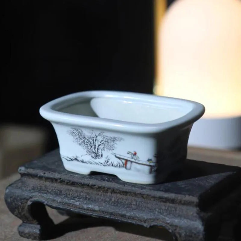 Porcelain Rectangle Landscape Pattern Bonsai Vase Desktop Ornaments Flowerpot Breathable Green Plant Pot Container Garden Decor