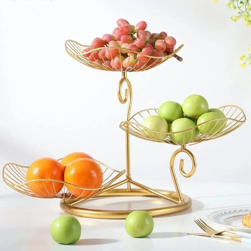 Lotus Leaf Shape 3-Tier Fruit Basket Vintage Space-Saving Multi-Layer Serving Tray with Base Metal Wire Fruit Basket
