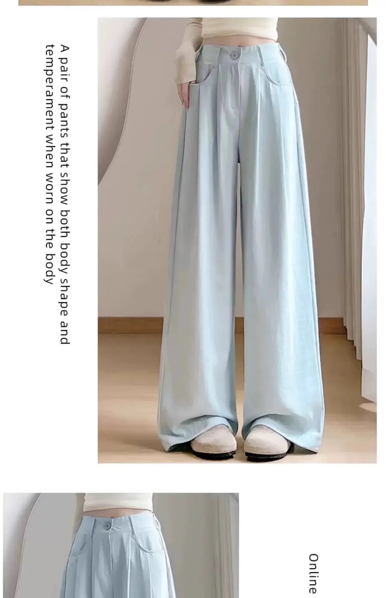 Ice Silk Drapey Wide Leg Pants Women's Summer Thin New Style Beige Color Nine Points Long Trousers Comfortable Fit Female Pants