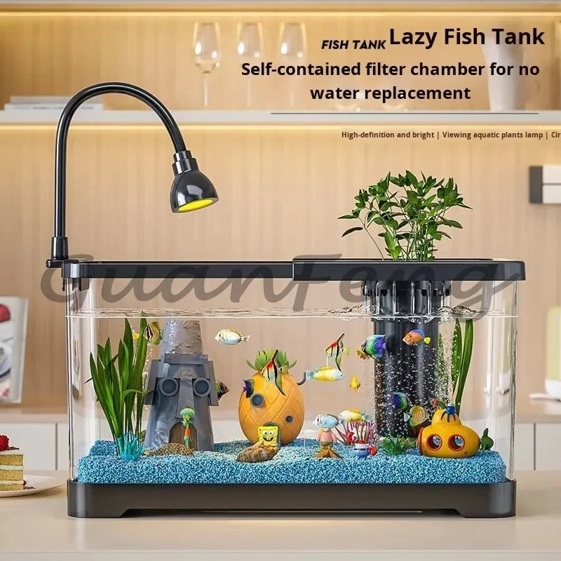 Benchtop Aquarium Kit with Light Emitting Diode Pump Glass Fish Tank Cover for Betta Goldfish in the home office