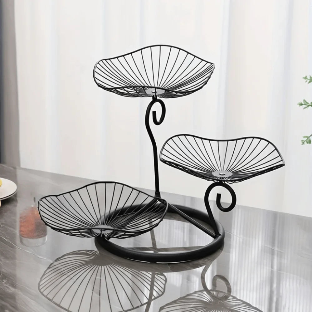 Lotus Leaf Shape 3-Tier Fruit Basket Vintage Space-Saving Multi-Layer Serving Tray with Base Metal Wire Fruit Basket