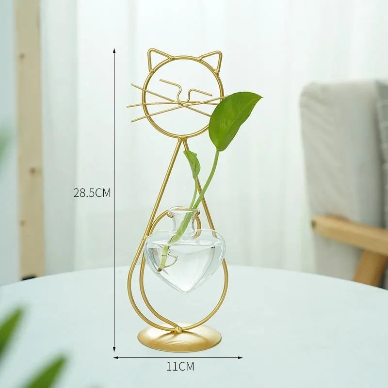 Simple Cat Iron Flower Machine Heart-Shaped Hydroponics Vase Creative Home Living Room Dining Table Decoration