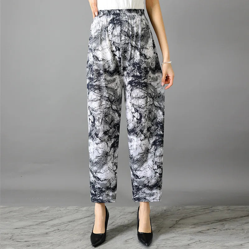 High Waist Floral Pants Straight Leg Home Leisure Women's plus Size High Elasticity Air Conditioning Pants Casual Trousers