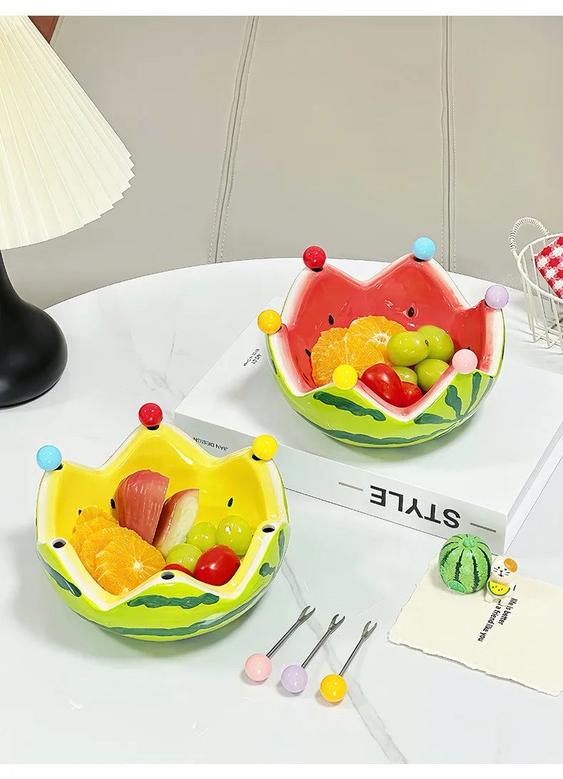 Watermelon Fruit Plate Creative Ceramic Fruit Fork Set Large Capacity Living Room Coffee Table Fruit Bowl Plate Cute  Ornaments