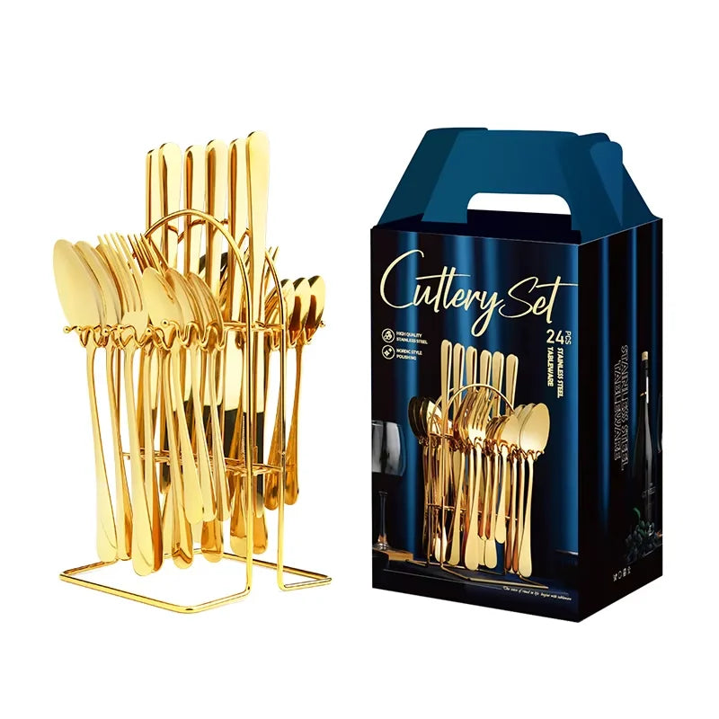 24pcs Knife Fork Spoon Dinnerware Set Rose Gold Tableware Stainless Steel Flatware Kitchen Cutlery Set with Luxury Storage Rack