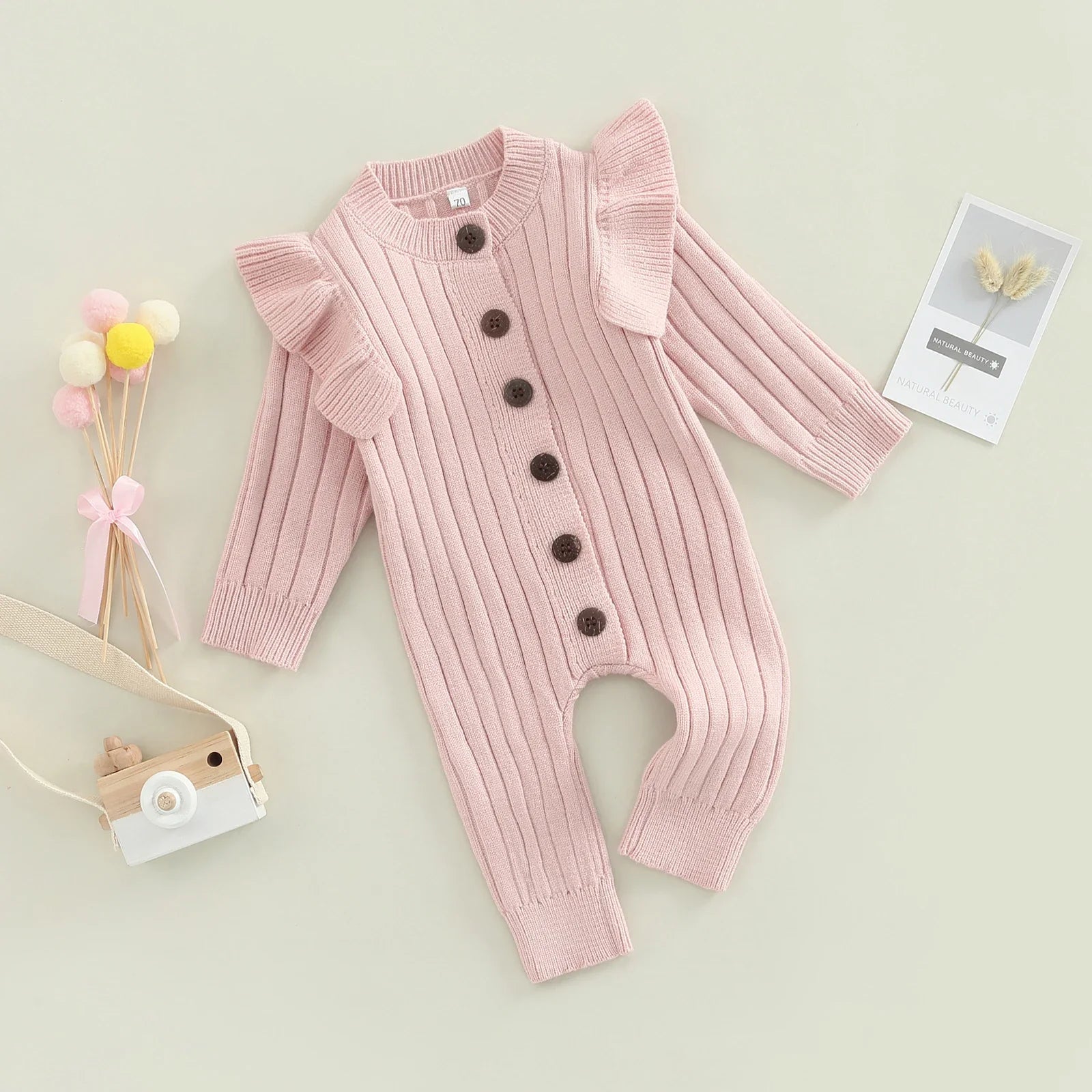 New  Winter Baby Girl’s Knitted Long Sleeve Sweater Jumpsuit Fashion Solid Color Round Neck Ruffles Button Warm Romper Outfits (Available)