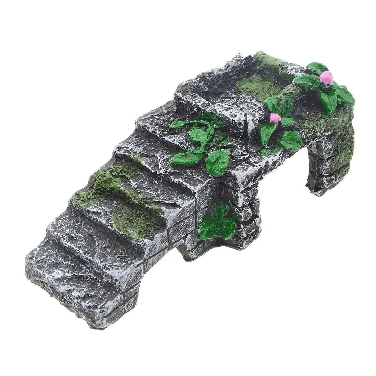 Ancient Ruins Aquarium Ornament, Resin Fish Tank Decoration with Stairs & Plants, Reptile Hideout Cave for Lizards, Turtles