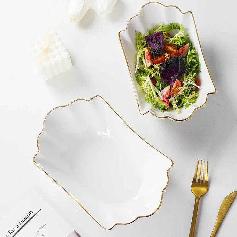 European tracing gold Ceramic Household Soup Bowl shaped Pasta Bowls Fruit Salad Bowl Cold Dish Bowls Hotel restaurant cutlery