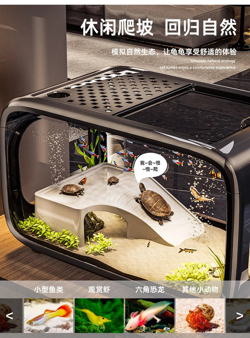Creative Transparent Covered Aquarium Desktop Ecological Goldfish Tank Living Room Decorative Landscape Viewing Turtle Tank