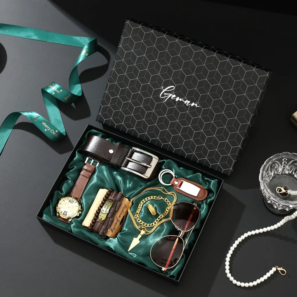 New Luxury Men's Accessory Set Watch Belt Wallet Pen Keychain Bracelet Cufflinks Sunglasses Gift Box for Dad Husband Boyfriend