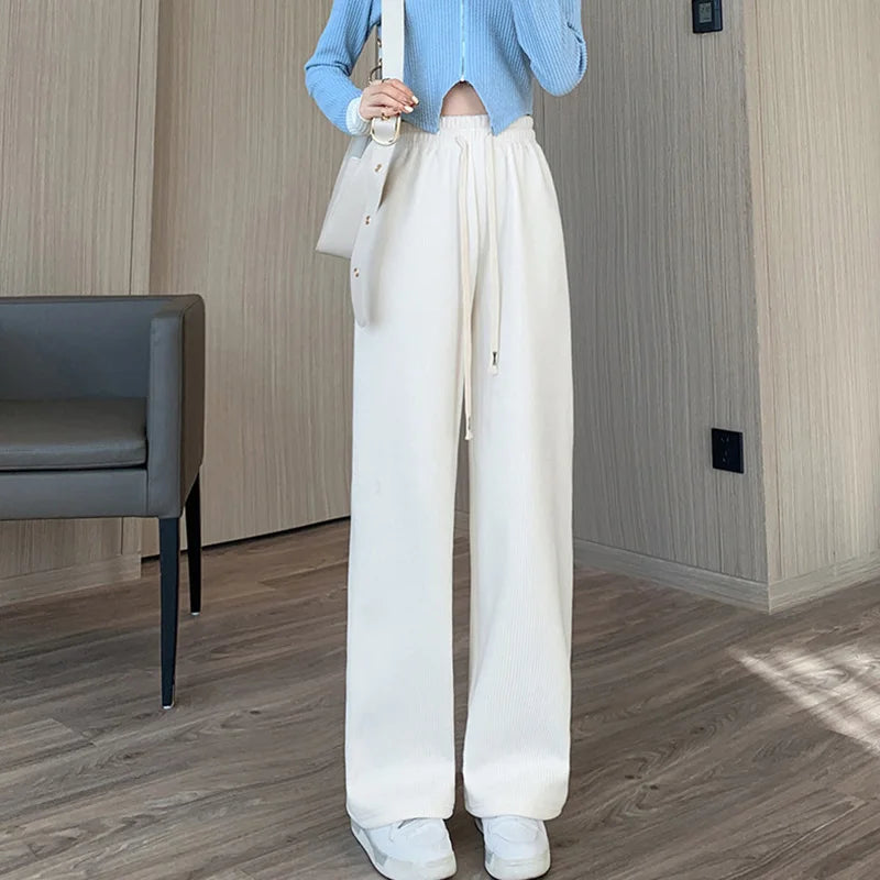 Women Wide Leg Corduroy Pants Autumn Winter Women Basic Elastic Waist Stright Long Pants Casual Female Long Pants Trousers