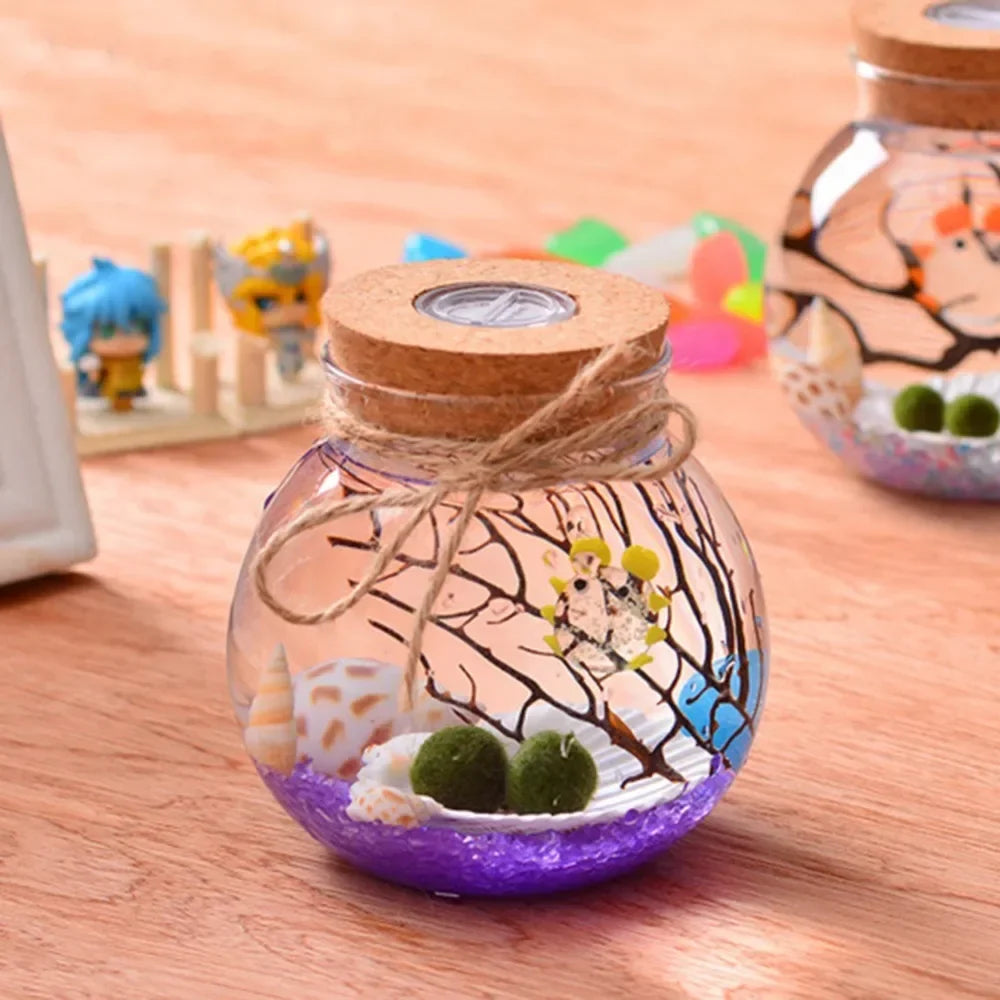Round Glass Jar Terrarium with Colorful LED Light Cork Micro Landscape Ecological Bottle Night Lights