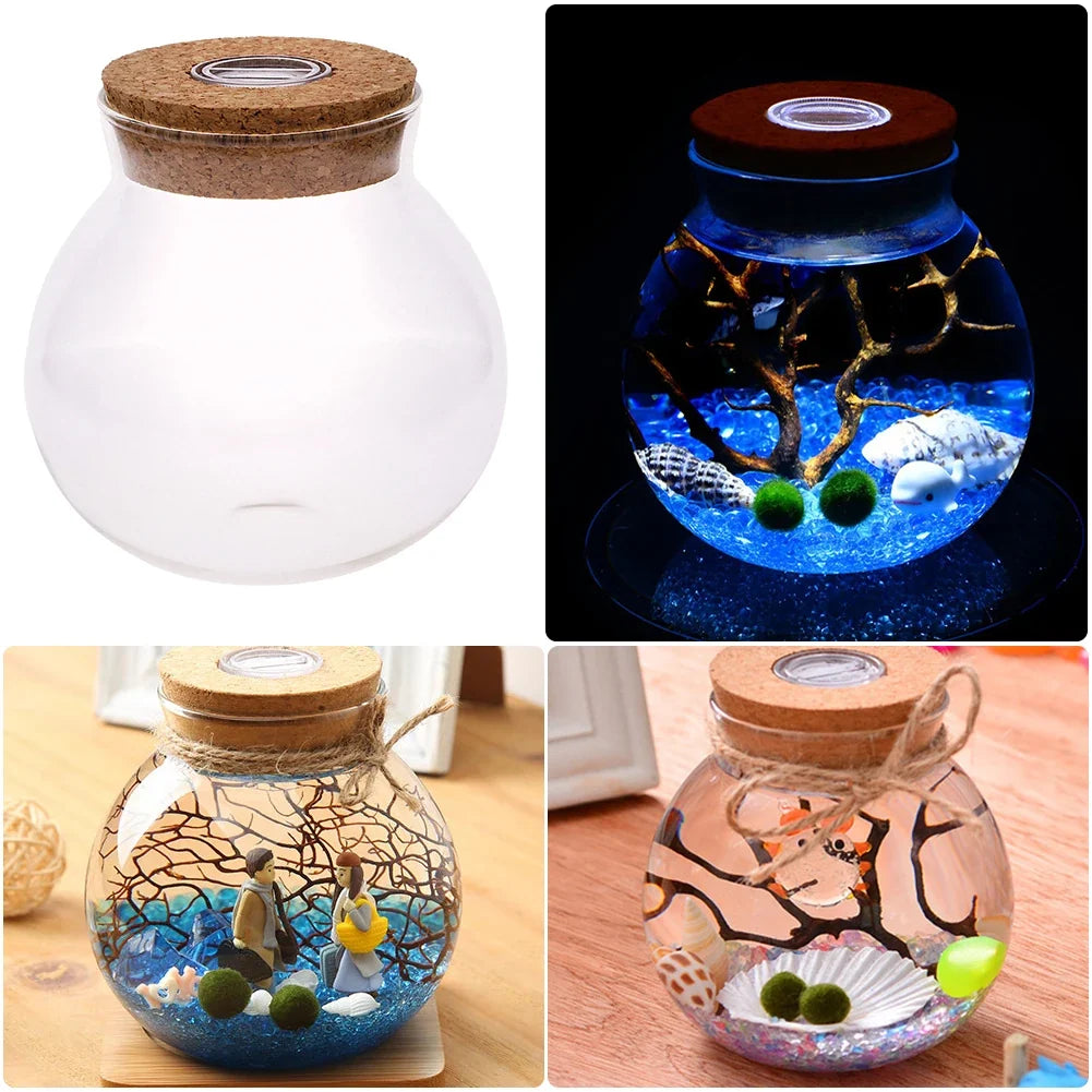 Round Glass Jar Terrarium with Colorful LED Light Cork Micro Landscape Ecological Bottle Night Lights