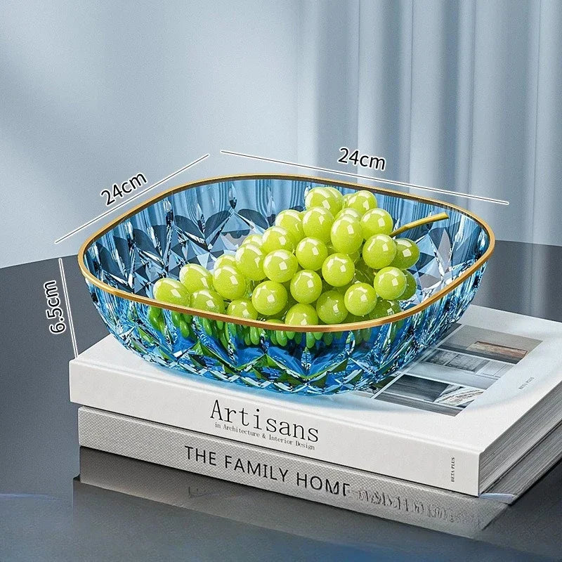 New Household Fruit Bowl Salad Dessert Biscuit Plate Plastic Square Transparent Tray Golden Edge Snack Plates Tableware LIJIAO