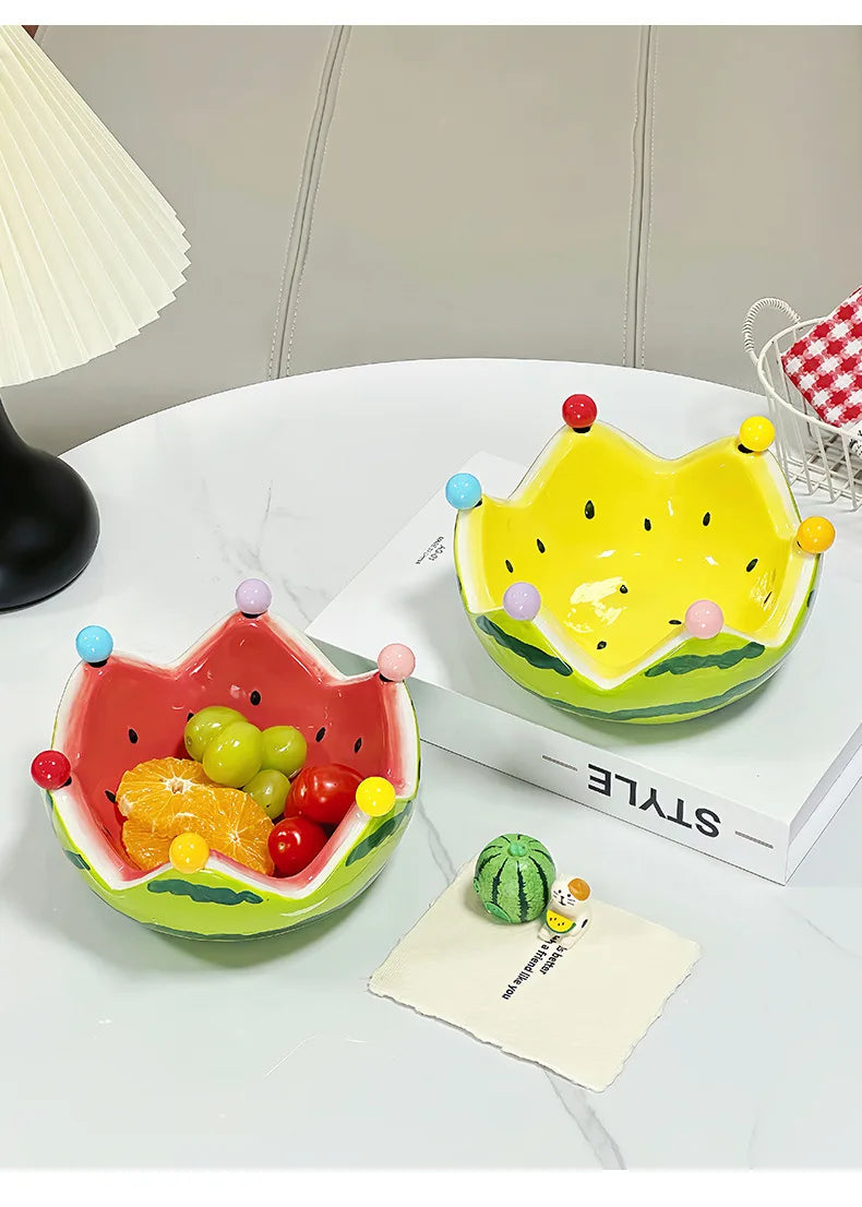 Watermelon Fruit Plate Creative Ceramic Fruit Fork Set Large Capacity Living Room Coffee Table Fruit Bowl Plate Cute  Ornaments
