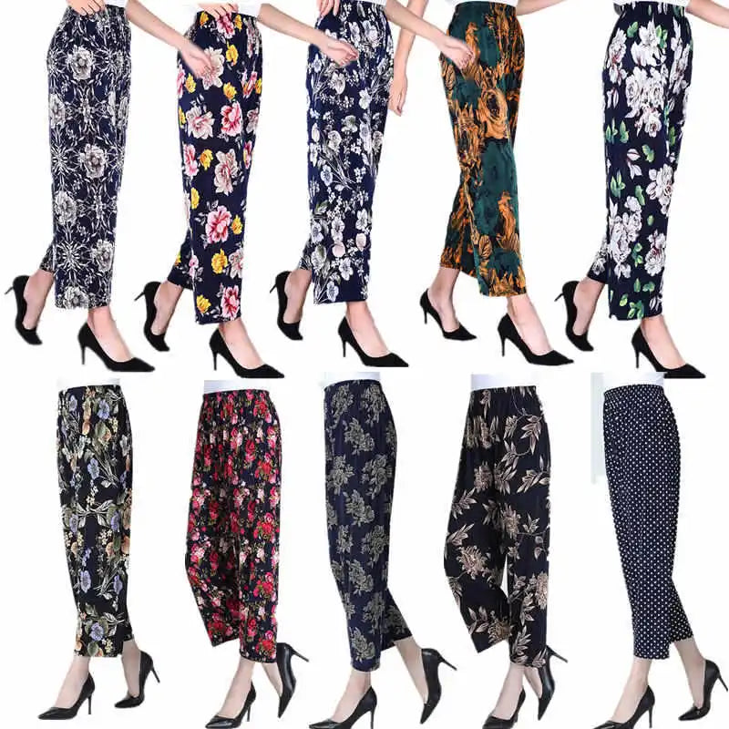 Summer Ladies Ice Silk Loose Casual Home Pants Elastic plus Size Mom Square Sports High Waist Straight Leg Length Nine Points