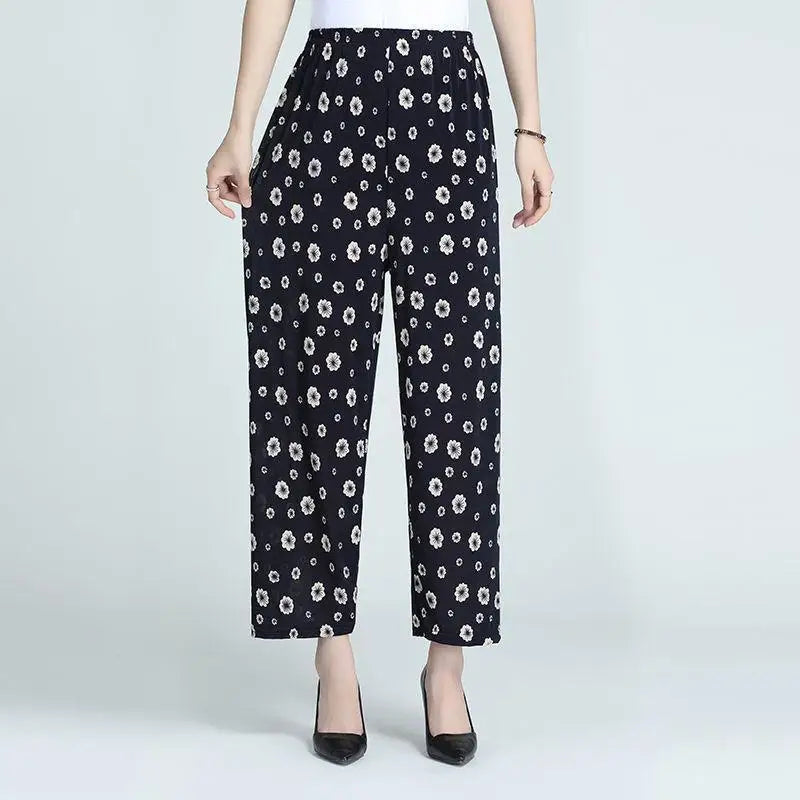 High Waist Floral Pants Straight Leg Home Leisure Women's plus Size High Elasticity Air Conditioning Pants Casual Trousers