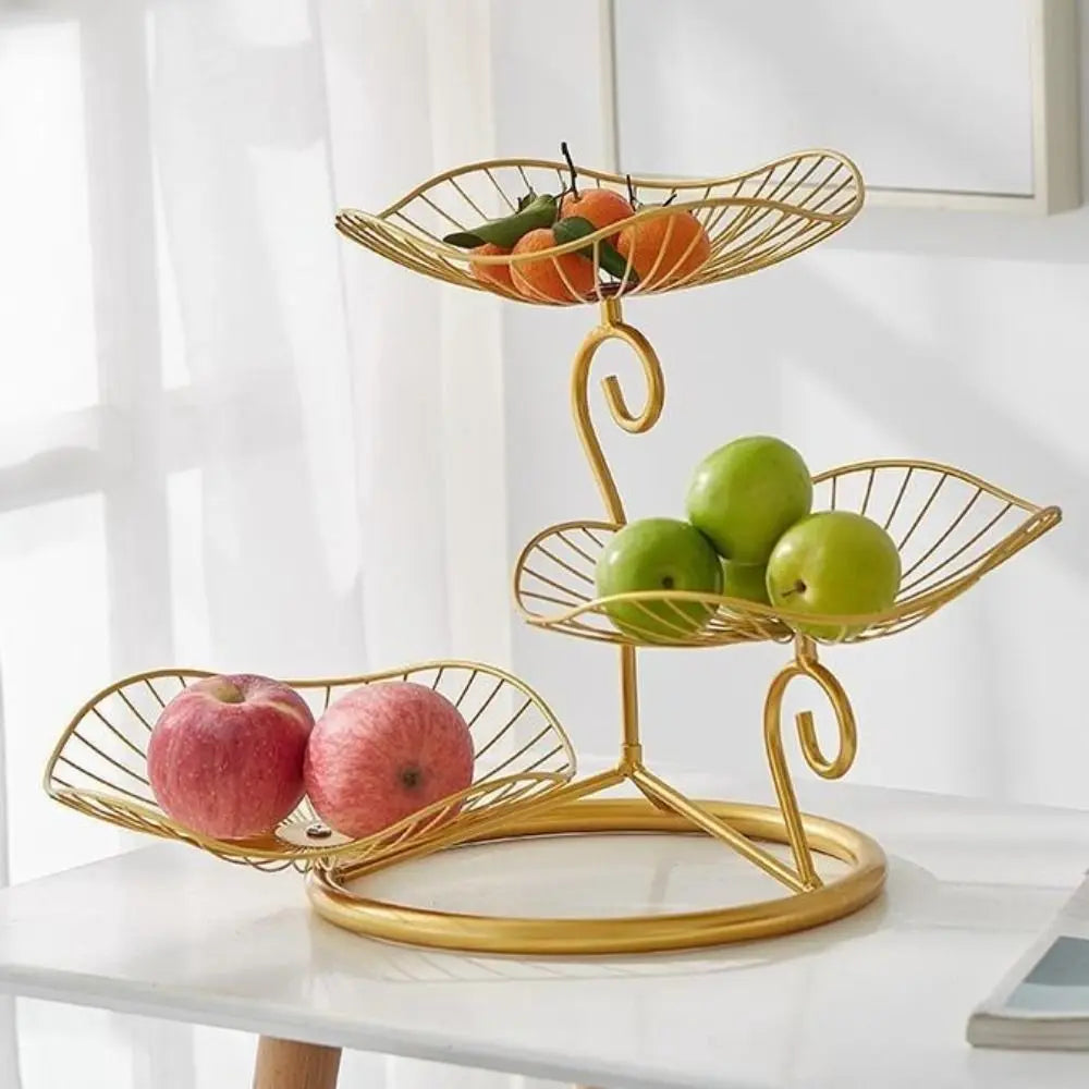 Lotus Leaf Shape 3-Tier Fruit Basket Vintage Space-Saving Multi-Layer Serving Tray with Base Metal Wire Fruit Basket