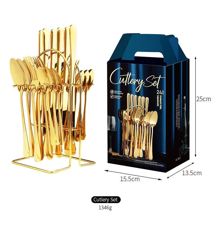 24pcs Knife Fork Spoon Dinnerware Set Rose Gold Tableware Stainless Steel Flatware Kitchen Cutlery Set with Luxury Storage Rack