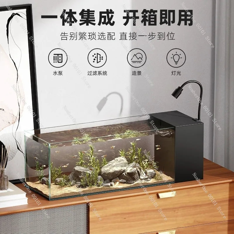 Desktop Stream Side Filter Tank, Ultra-Clear Glass Landscape Fish Tank, Oxygen-Generating Desktop Aquarium for Living Room