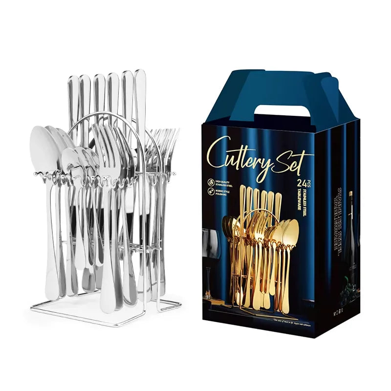 24pcs Knife Fork Spoon Dinnerware Set Rose Gold Tableware Stainless Steel Flatware Kitchen Cutlery Set with Luxury Storage Rack
