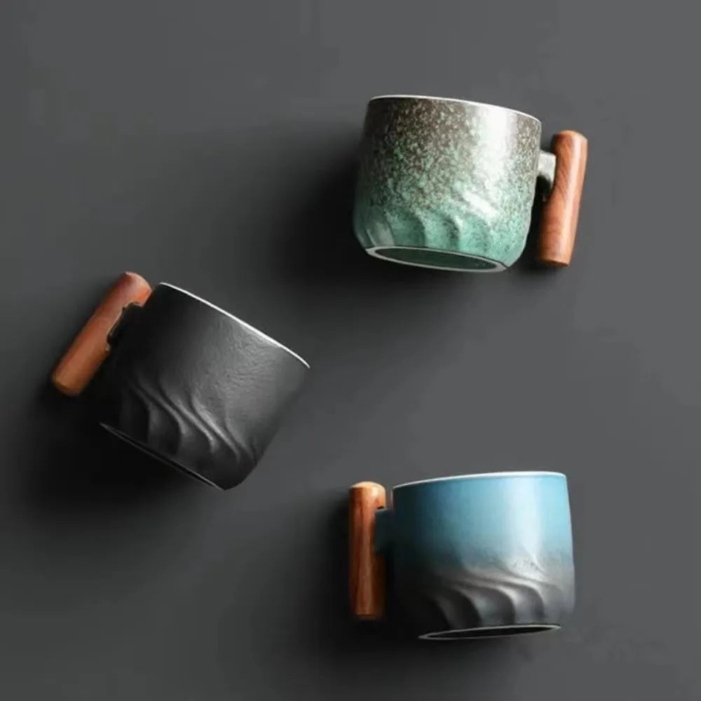Ceramic Retro Espresso Coffee Cup With Wooden Handle Office Water Cup Tea Mug Ceramic Coffee Mug Handmade Tea Gift Box