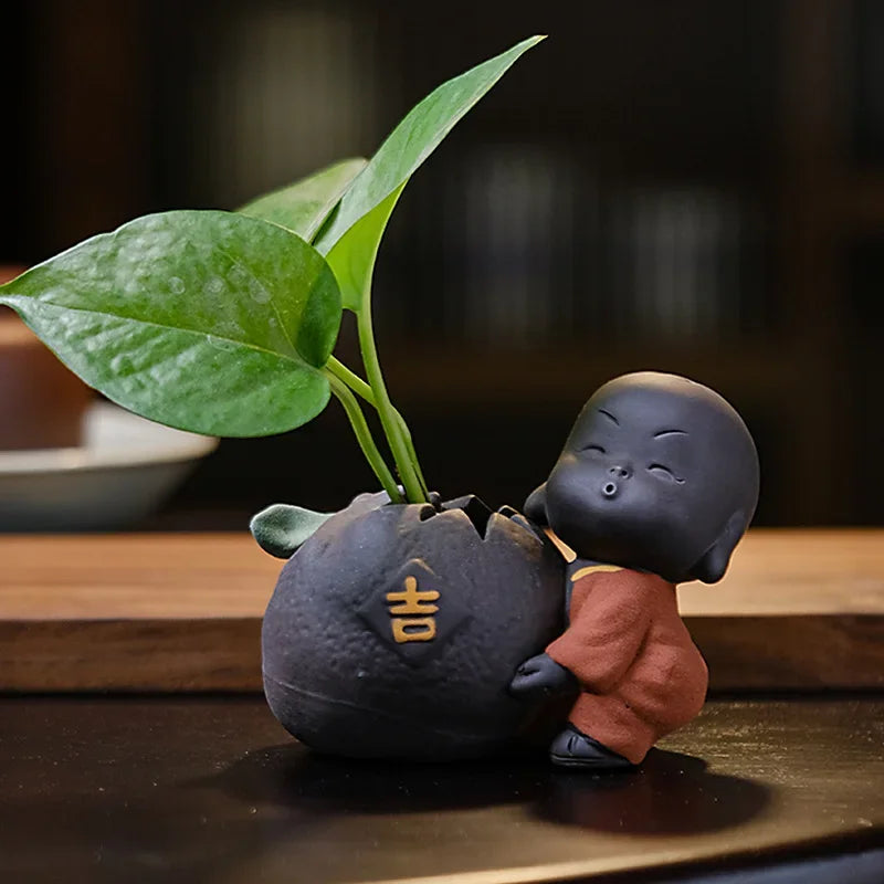 Fortune Lucky Cute The Little Monk Purple Clay Tea Pet Home Decor Mini Water Planting Flower Vase