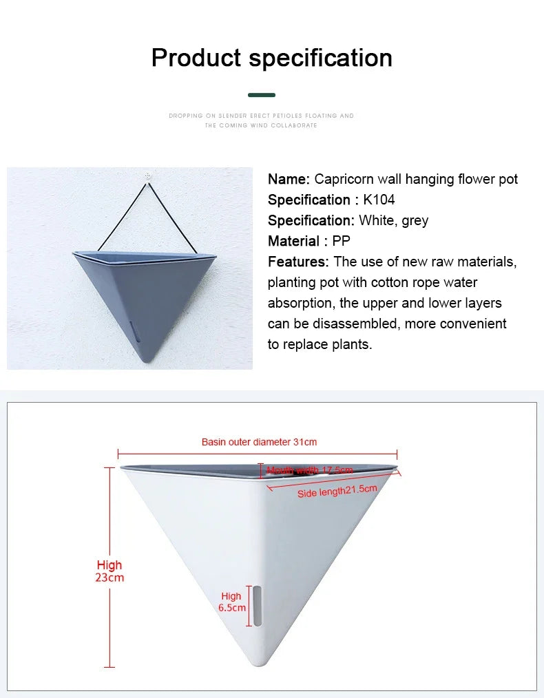 Fashion Triangular Wall Mounted Flower Pots Self Watering Hanging Basin for Plants Lazy Flowerpot Office Home Garden Accessories