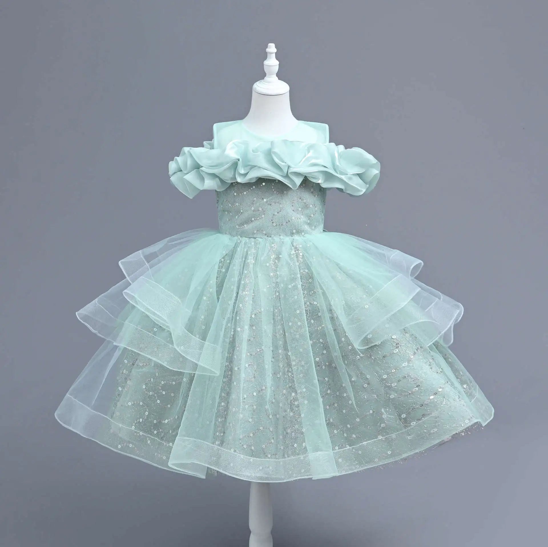 New Girl's Wedding Evening Dress Petal Sequin Mesh Sleeveless Dress Birthday Party School Graduation Party Dress