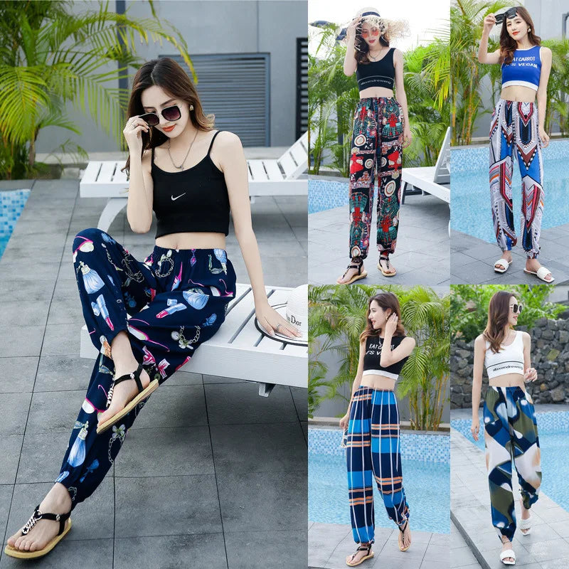 Women's Mosquito-proof Cotton Silk Beach Summer Casual Flower Pants Artificial Cotton Summer Sleeping Pants Thin Adult Bloomers