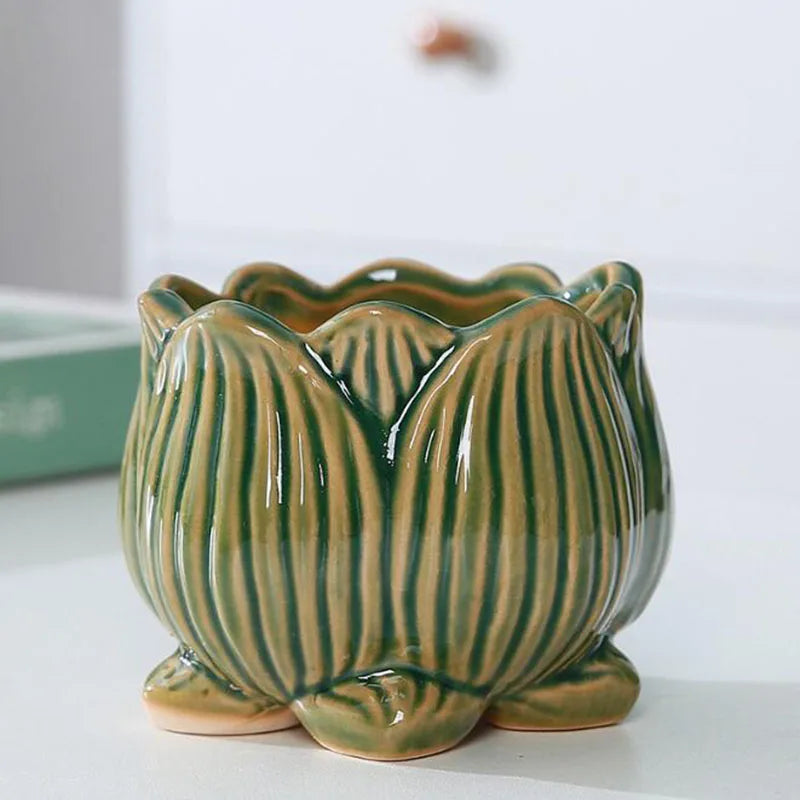 Ceramic Lotus Design Succulent Plant Pot Flower Pot Bonsai Vase with A Hole Lotus Planter Container Garden Home Decor