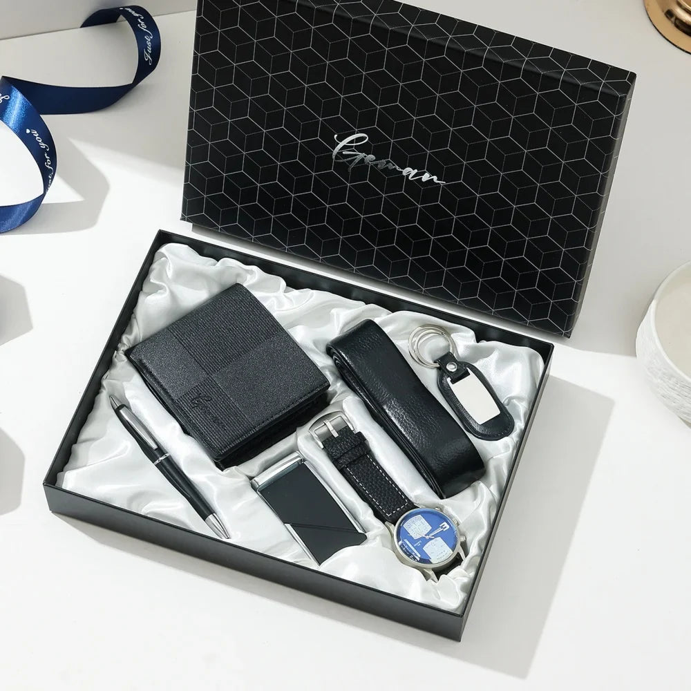 New Luxury Men's Accessory Set Watch Belt Wallet Pen Keychain Bracelet Cufflinks Sunglasses Gift Box for Dad Husband Boyfriend