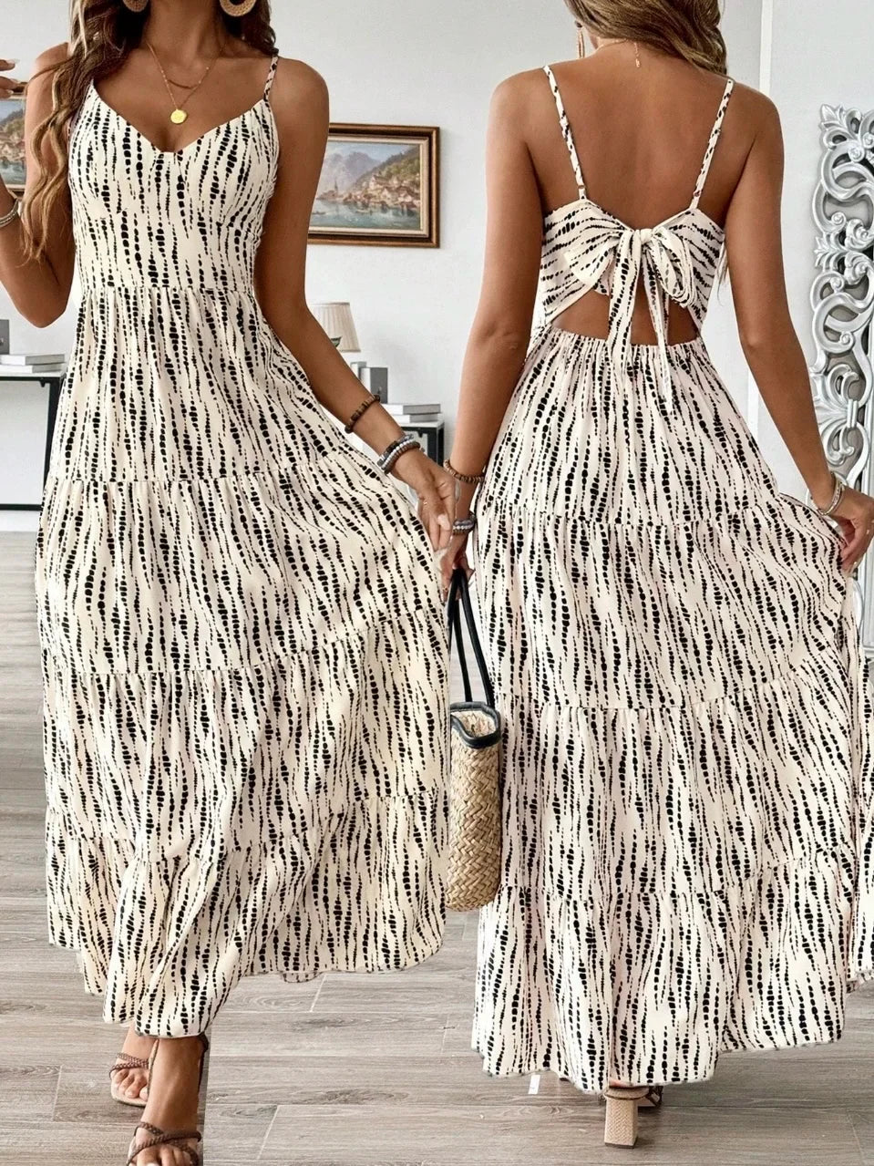 Women's Western Vacation Style Off-the-shoulder Dress Spring/Summer New Asymmetric Striped Design Maxi Dress