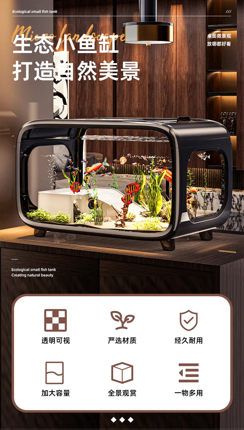 Creative Transparent Covered Aquarium Desktop Ecological Goldfish Tank Living Room Decorative Landscape Viewing Turtle Tank