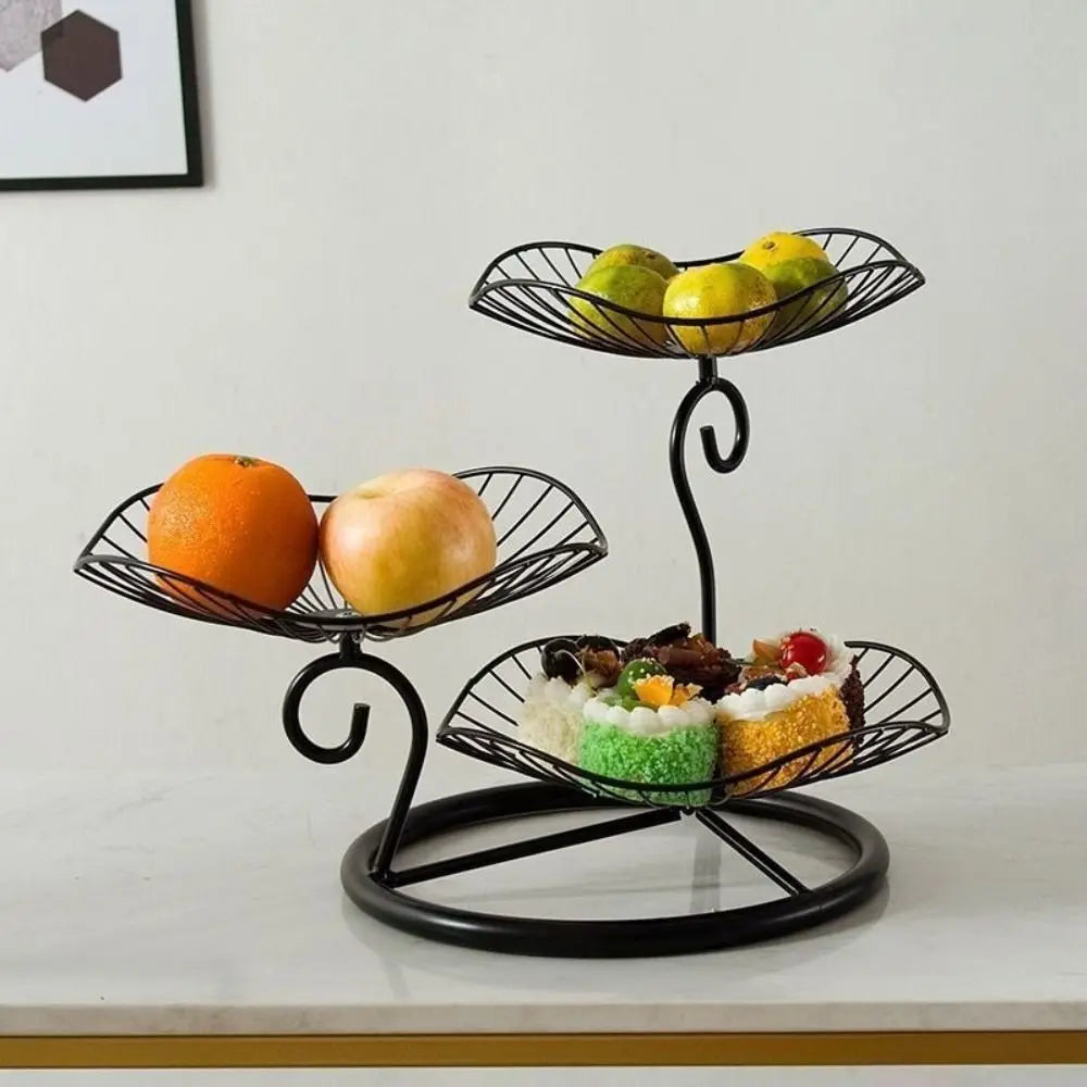 Lotus Leaf Shape 3-Tier Fruit Basket Vintage Space-Saving Multi-Layer Serving Tray with Base Metal Wire Fruit Basket
