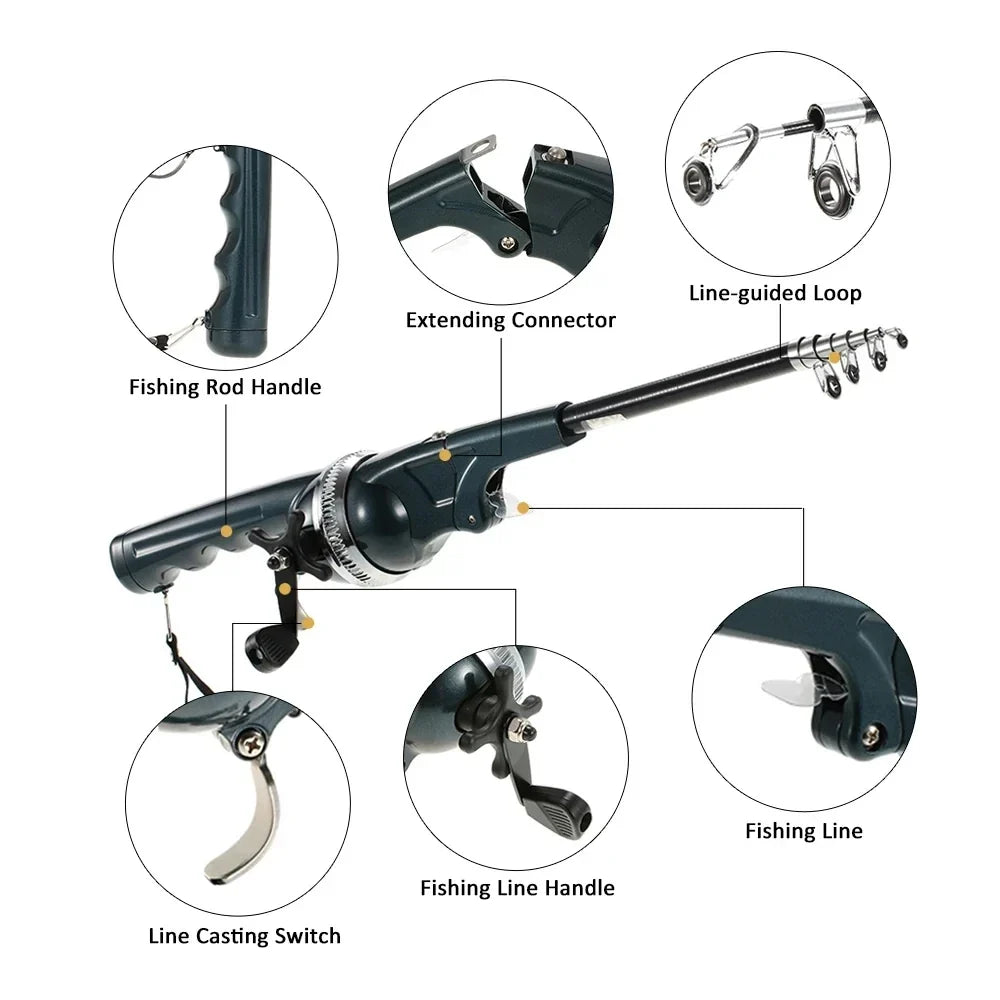 Folded Spinning Rod Portable Folding Mini Fishing Rod Telescopic Epoxy Resin Poles with Reel Line Travel Rods for Fish
