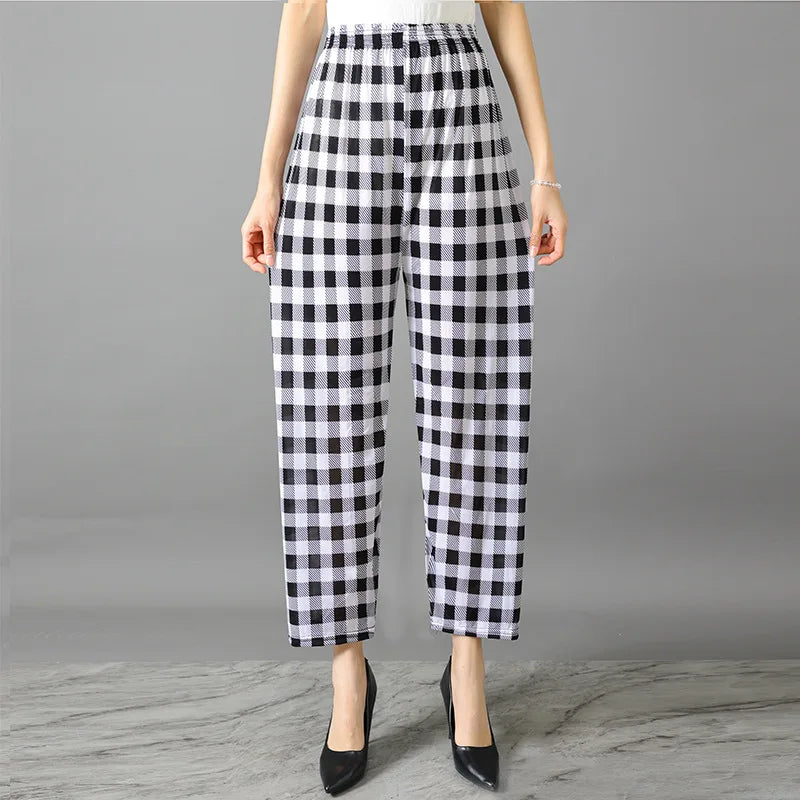 Summer Ladies Ice Silk Loose Casual Home Pants Elastic plus Size Mom Square Sports High Waist Straight Leg Length Nine Points