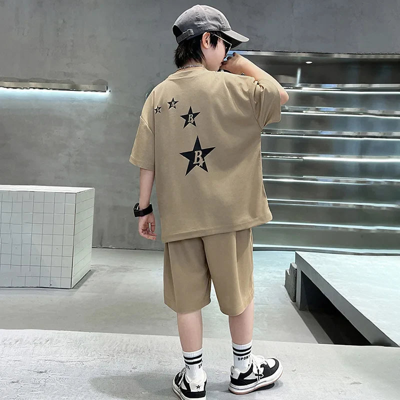 New Summer Teenager Boys Clothing Set Cotton Letter Short Sleeve T-shirt Shorts  Years Kids Tracksuits Child Cloth