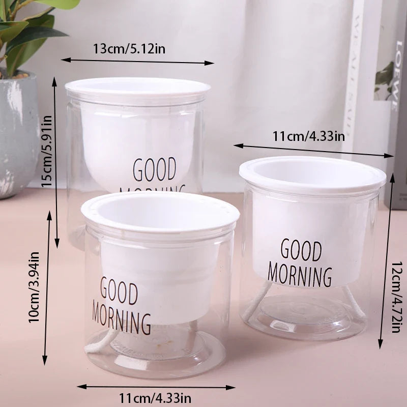 Flower Pot Automatic Water-Absorbing Flowerpot Transparent Double Layer Plastic Self Watering Planter Office