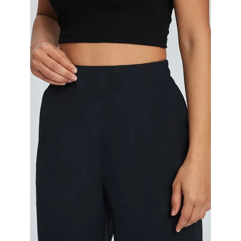 Sophisticated Straight Leg Trousers Women Elastic Waist Slimming Black Daily Office Casual Pants 