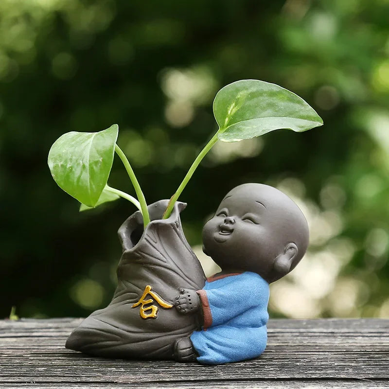 Fortune Lucky Cute The Little Monk Purple Clay Tea Pet Home Decor Mini Water Planting Flower Vase