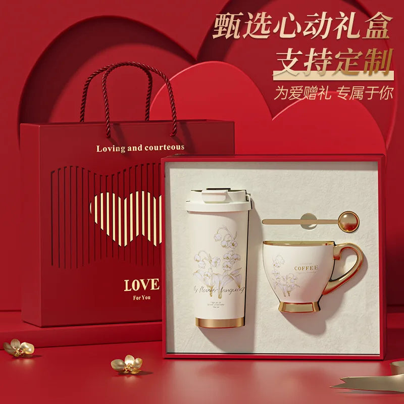 Gold Rim Ceramic Coffee Mug Large Luxury Ceramic Cup Set For GiftStainless Steel Vacuum Flask Customizable