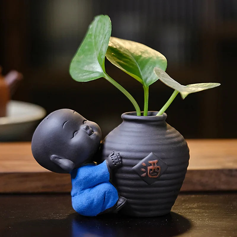 Fortune Lucky Cute The Little Monk Purple Clay Tea Pet Home Decor Mini Water Planting Flower Vase