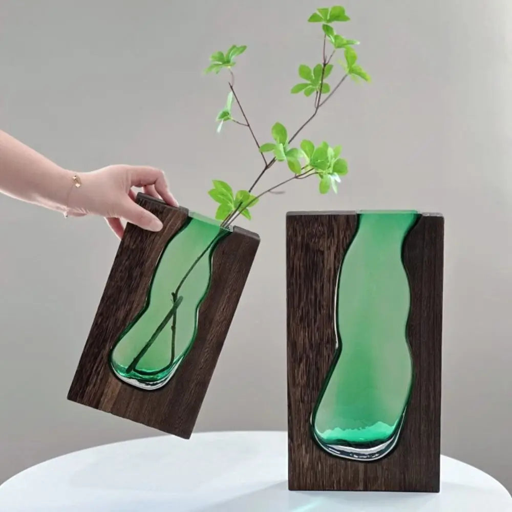 Desktop Ornament Wooden Glass Vase Transparent Modern Hydroponic Flower Holder Removable Creative Flower Pot Home