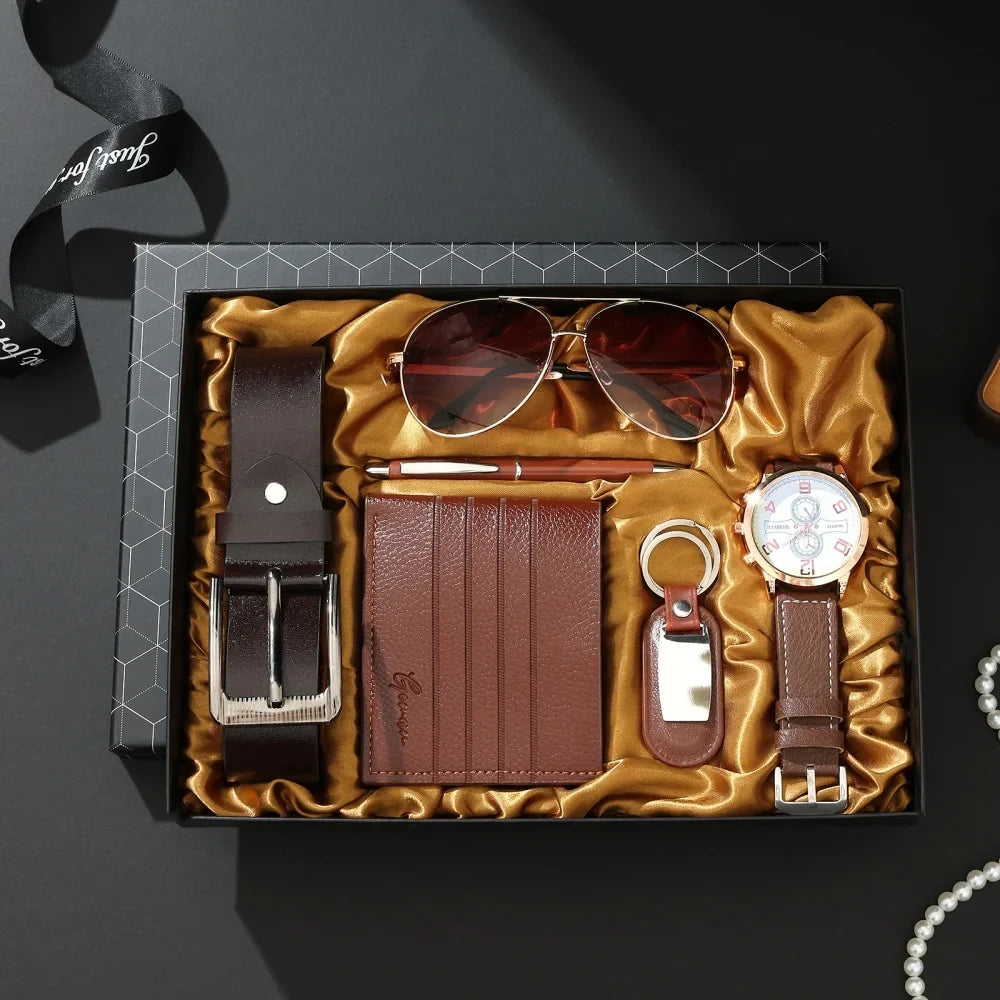 New Luxury Men's Accessory Set Watch Belt Wallet Pen Keychain Bracelet Cufflinks Sunglasses Gift Box for Dad Husband Boyfriend
