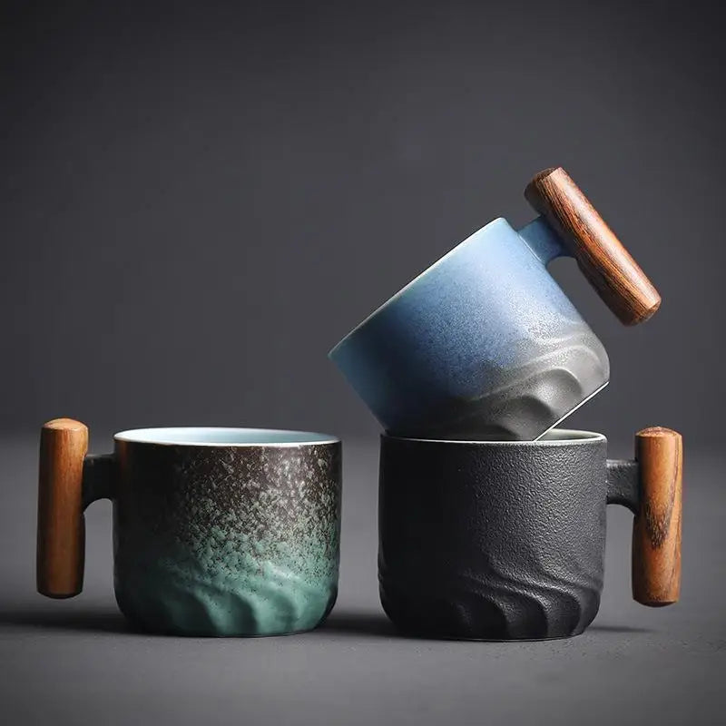 Ceramic Retro Espresso Coffee Cup With Wooden Handle Office Water Cup Tea Mug Ceramic Coffee Mug Handmade Tea Gift Box
